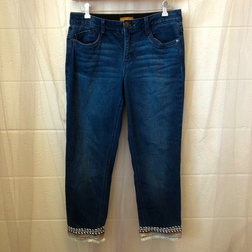 🌟 ReCreation jean capris with decorative bottom hems.